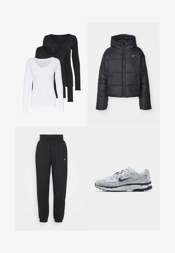 Schwarze Pufferjacke aus Nylon, mit durchgehendem Reißverschluss, Kapuze und zwei Fronttaschen. Das Design umfasst gestickte Abschnitte und ein kleines Logo.; Drei Langarm-T-Shirts in Schwarz und Weiß. Aus weichem Baumwollstoff, mit Rundhalsausschnitten, körperbetontem Schnitt und auffälligen Nähten.; Schwarze Jogginghosen aus weichem Baumwollmix, mit elastischem Bund und Kordelzug sowie elastischen Bündchen. Nike-Logo am linken Oberschenkel.; Nike P-6000 Sneakers mit einem Obermaterial aus leichtem grauem Mesh, schwarzen Akzenten und einer langlebigen schwarzen Gummisohle. Verfügt über ein komplexes Design und ein Schnürsystem.