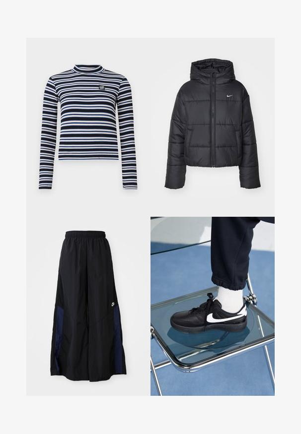 Black puffer jacket made of nylon, featuring a zip front, hood, and two front pockets. The design includes stitched sections and a small logo.; Black and white striped long-sleeve top with a high neck, ribbed texture, featuring blue and beige accents and a small logo on the chest.; Black wide-leg pants made of lightweight fabric, featuring a navy blue side panel and an elastic waistband. Small white logo on bottom.; Black Nike sneakers with white accents, featuring a smooth leather texture, lace-up design, and rounded toe, positioned on a glass chair.
