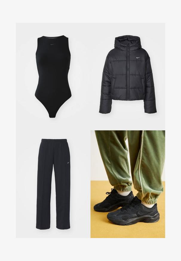 Casaco puffer preto feito de nylon, com fecho éclair à frente, capuz e dois bolsos frontais. O design inclui secções cosidas e um pequeno logo.; Maiô preto sem mangas com um design elegante, gola alta e logótipo da Nike no peito. Feito de um tecido liso e elástico.; Calças de jogging Nike pretas com uma cintura elástica e bolsos laterais, apresentando um pequeno logótipo branco na perna esquerda e um corte reto.; Tênis esportivos pretos com sobreposições em malha e sintético, sola texturizada, emparelhados com calças de moletom verdes com punhos elásticos, sobre uma superfície amarela.