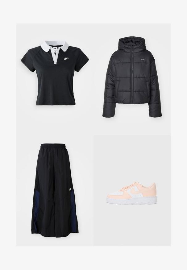 Fekete pehelydzseki, amely nejlonból készült, elöl cipzárral, kapucnival és két elülső zsebbel rendelkezik. A dizájnja varrott részeket és egy kis logót tartalmaz.; Fekete, rövid ujjú póló ing fehér gallérral és elülső gombolással, bal mellkason egy kis fehér Nike logóval.; Fekete, bő szárú nadrág könnyű anyagból, tengerészkék oldalsó panellel és elasztikus derékkal. Kicsi fehér logó az alján.; A Nike Air Force 1 sportcipő fehér bőr felsőrésszel rendelkezik, melyet puha rózsaszín részletek díszítenek. A gumitalp bordázott a jó tapadás érdekében. Klasszikus dizájn és fűzős záródás jellemzi.