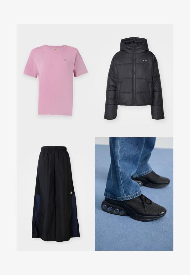 Juodas pūkinis švarkas, pagamintas iš nailono, su užtrauktuku šone, gobtuvu ir dviem priekiniais kišenėmis. Dizainas apima siūtas dalis ir mažą logotipą.; Rožinė, trumpomis rankovėmis medvilninė marškinėlių su mažuoju siuvinėtu logotipu ant krūtinės. Lygi tekstūra ir klasikinio apvalaus iškirpimo dizainas.; Juodos plačios kojų kelnės, pagamintos iš lengvos medžiagos, su tamsiai mėlyna šonine juostele ir elastinga juosmens juosta. Maža balta logotipo etikete apačioje.; Juodi sportiniai bateliai su tinkliniu viršumi, tekstūruotais akcentais ir matomais oro pagalvėmis pado viduje. Dėvimi su mėlynais džinsais.