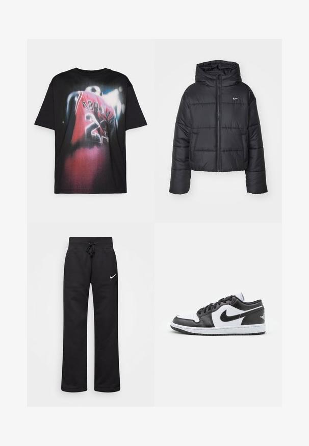 Sort pufferjakke lavet af nylon, med lynlåslukning foran, hætte og to forlommer. Designet inkluderer syede sektioner og et lille logo.; Sort bomulds T-shirt med et grafisk print af en spiller i en rød trøje med "JORDAN" og nummeret "23", med en falmet designeffekt.; Sorte sweatpants lavet af en bomuldsblanding, med en snøre i taljen, lige ben og et hvidt Nike-logo på venstre side.; Sorte og hvide Nike lavtoppede sneakers har en glat læderoverdel, rund tå, snørelukning og en mønstret gummisål.