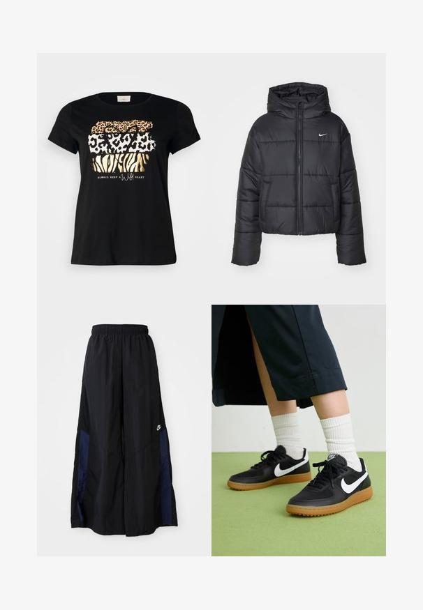 Juodas pūkinis švarkas, pagamintas iš nailono, su užtrauktuku šone, gobtuvu ir dviem priekiniais kišenėmis. Dizainas apima siūtas dalis ir mažą logotipą.; Juodos medvilnės marškinėliai su apvalia iškirpte, puošti sluoksniuotais gyvūnų raštais auksinės, oranžinės ir baltos spalvų, su užrašu "visada išlaikyk laukinę širdį."; Juodos plačios kojų kelnės, pagamintos iš lengvos medžiagos, su tamsiai mėlyna šonine juostele ir elastinga juosmens juosta. Maža balta logotipo etikete apačioje.; Juodos odinės ir sintetinių medžiagų sportbačiai su balta Nike swoosh, guminis padas, apvalus pirštas ir juodi raišteliai. Matomos banguotos baltos kojinės.
