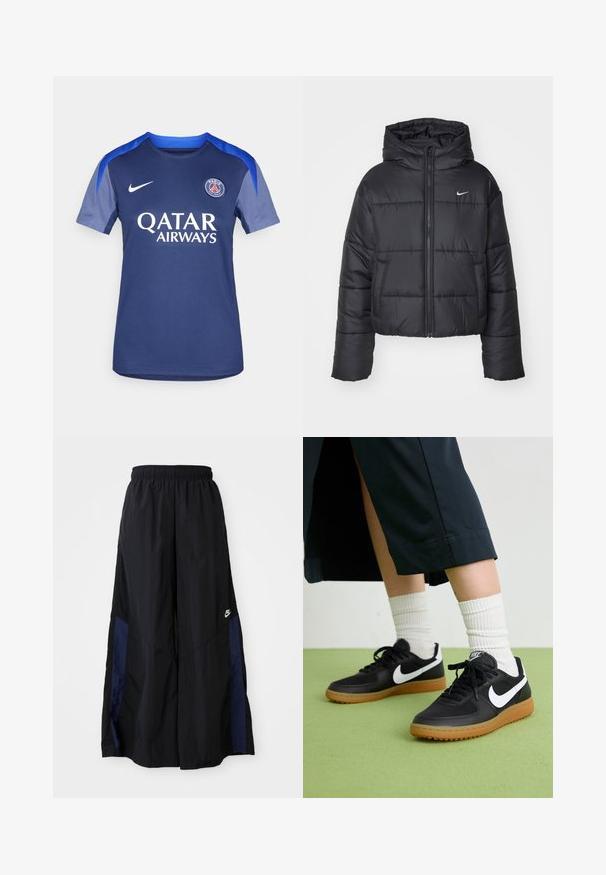 Must värvi puffer-jakk, mis on valmistatud nailonist, omab lukuga esiosa, kapuutsi ja kahte esimest taskut. Disain sisaldab õmmeldud sektsioone ja väikest logo.; Tumesinine Nike jalgpallipusa, millel on ümmargune kaelus, lühikesed varrukad ja hallid aktsendid. "QATAR AIRWAYS" trükitud valgega. Meeskonna logo rinnal.; Mustad laiad mustad püksid kergest kangast, millel on tumesinine külgpaneel ja elastne vöökoht. Väike valge logo allservas.; Mustad nahast ja sünteetilised sneekerid valge Nike logoga, kummist gumme, ümar nina ja mustad paelad. Näha ribakujulisi valgeid sokke.