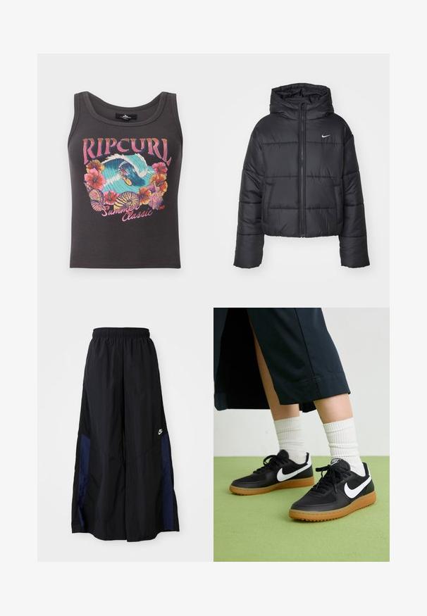 Čierna prešívaná bunda vyrobená z nylonu, s predným zipsom, kapucňou a dvoma prednými vreckami. Dizajn obsahuje prešité časti a malé logo.; Tmavohnedý rebrovaný top bez rukávov s farebnou surfovou a kvetinovou grafikou, na prednej strane s textom "Rip Curl Summer Classic 1969".; Čierne voľné nohavice vyrobené z ľahkého materiálu, s námorníckym modrým postranným panelom a elastickým pásom. Malé biele logo na spodnej časti.; Čierne kožené a syntetické tenisky so bielym logom Nike, gumenou podrážkou, okrúhlou špičkou a čiernymi šnúrkami. Viditeľné biele pruhované ponožky.