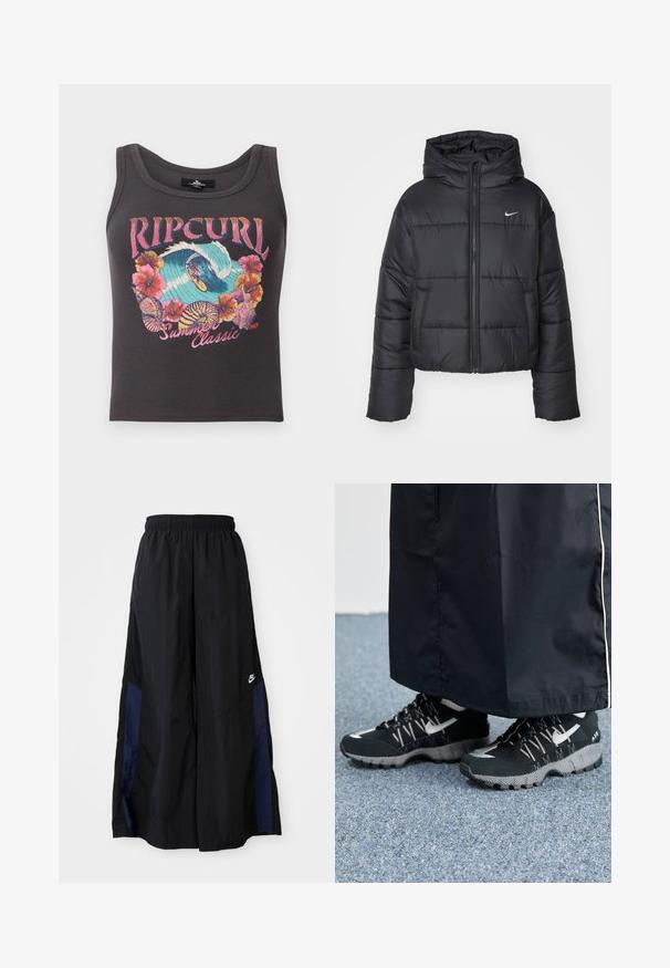 Juodas pūkinis švarkas, pagamintas iš nailono, su užtrauktuku šone, gobtuvu ir dviem priekiniais kišenėmis. Dizainas apima siūtas dalis ir mažą logotipą.; Tamsiai pilkas raštuotas tank top’as su spalvingu banglenčių ir gėlių piešiniu, priekyje užrašas "Rip Curl Summer Classic 1969".; Juodos plačios kojų kelnės, pagamintos iš lengvos medžiagos, su tamsiai mėlyna šonine juostele ir elastinga juosmens juosta. Maža balta logotipo etikete apačioje.; Juodi sportiniai bateliai su tekstūruota viršutine dalimi, sidabriniais akcentais ir raštuotu padu, derinami su juoda ilga apranga. Fonas - mėlynas kilimas.