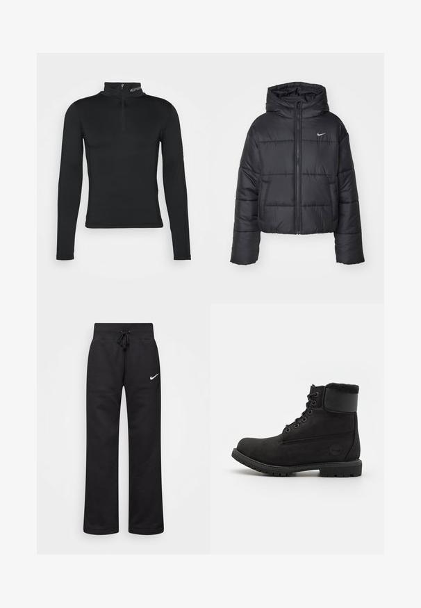 Giubbotto imbottito nero in nylon, con zip frontale, cappuccio e due tasche frontali. Il design presenta sezioni cucite e un piccolo logo.; Base layer a maniche lunghe nera con colletto alto e chiusura a zip quartino. Texture liscia e design aderente per ottimizzare le prestazioni.; Pantaloni sportivi neri realizzati in misto cotone, con vita elasticizzata regolabile, gambe dritte e logo bianco Nike sul lato sinistro.; Stivaletto in pelle nera con punta rotonda, lacci sulla parte anteriore, colletto in pelliccia sintetica e suola in gomma. Presenta un logo di marca sul lato.