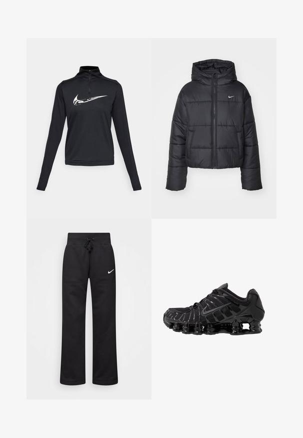 Black puffer jacket made of nylon, featuring a zip front, hood, and two front pockets. The design includes stitched sections and a small logo.; Black long-sleeve athletic top featuring a quarter-zip neckline and a prominent white Nike swoosh logo on the chest. Smooth texture.; Black sweatpants made of cotton blend, featuring a drawstring waistband, straight legs, and a white Nike logo on the left side.; Black athletic shoe with mesh upper and glossy overlays. Features curved coil cushioning and textured lines on the side. Nike logo visible.