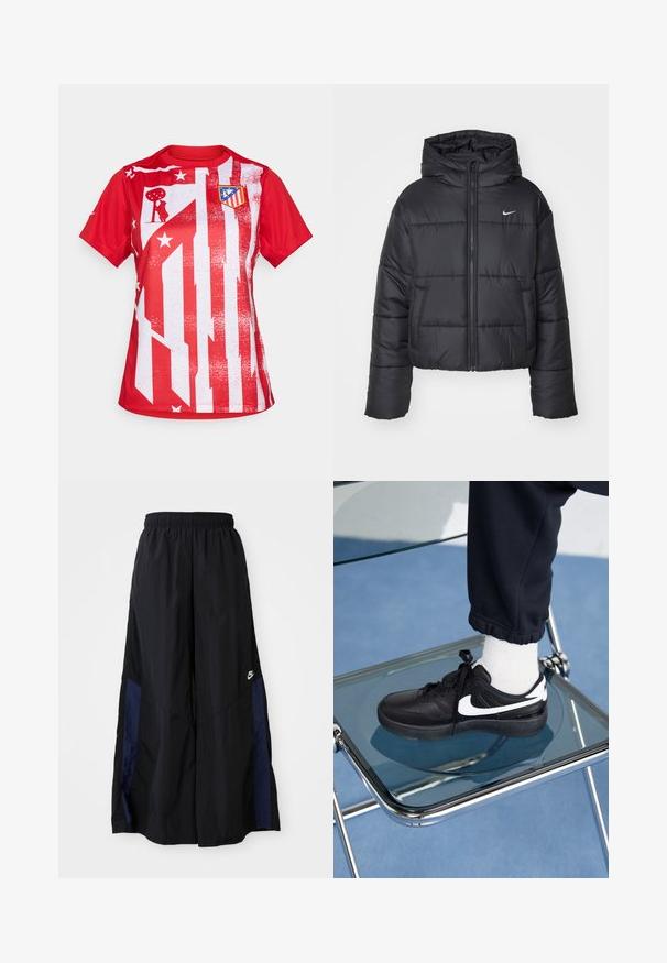 Jachetă puffer neagră din nailon, cu fermoar în față, glugă și două buzunare frontale. Designul include secțiuni cusute și un mic logo.; Tricou roșu cu mânecă scurtă, având un design cu dungi albe și stele, precum și un emblema a clubului pe pieptul stâng, fabricat dintr-un material ușor.; Pantaloni negri cu croi larg, confecționați dintr-un material ușor, având un panou lateral albastru marin și un brâu elastic. Logo mic alb în partea de jos.; Adidași negri Nike cu accente albe, cu o textură de piele netedă, design cu șireturi și vârf rotunjit, așezați pe un scaun din sticlă.