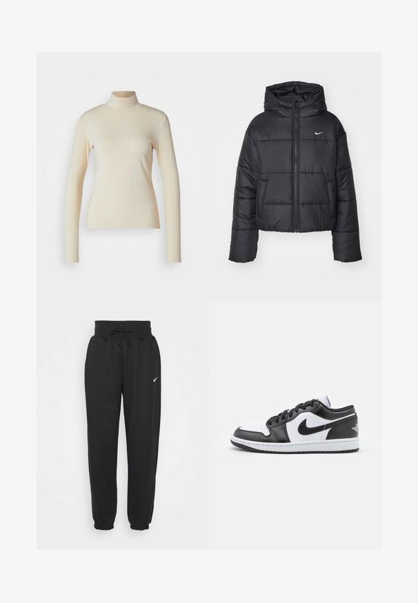 Fekete pehelydzseki, amely nejlonból készült, elöl cipzárral, kapucnival és két elülső zsebbel rendelkezik. A dizájnja varrott részeket és egy kis logót tartalmaz.; Tej színű, hosszú ujjú garbó felső, sima, rugalmas anyagból; testszabott fazon, magas nyakkal, látható minták vagy díszítések nélkül.; Fekete jogger nadrág puha pamut keverékből, rugalmas derékkal és húzózsinórral, valamint elasztikus szegéllyel. Nike logó a bal combon.; Fekete-fehér Nike alacsony szárú sportcipők sima bőrből készültek, kerek orrúak, fűzős záródásúak, és mintás gumitalppal rendelkeznek.