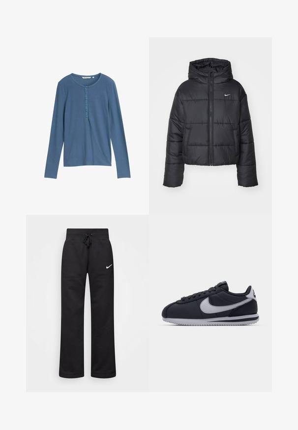 Juodas pūkinis švarkas, pagamintas iš nailono, su užtrauktuku šone, gobtuvu ir dviem priekiniais kišenėmis. Dizainas apima siūtas dalis ir mažą logotipą.; Ilgų rankovių mėlynas viršus iš dryžuoto audinio su apvaliu kaklu ir šešių mygtukų užsegimu priekyje. Lygus paviršius, prigludusi forma.; Juodos medvilnės blend'o treninginės kelnės su raišteliu juosmens srityje, tiesiomis kojomis ir baltu Nike logotipu kairėje pusėje.; Juodos sportinės bateliai su pilkais akcentais, lygus sintetinis viršus, tekstūruotas padas, suapvalintas pirštas ir plokšti raišteliai. Klasikinis dizainas su logotipo detale.