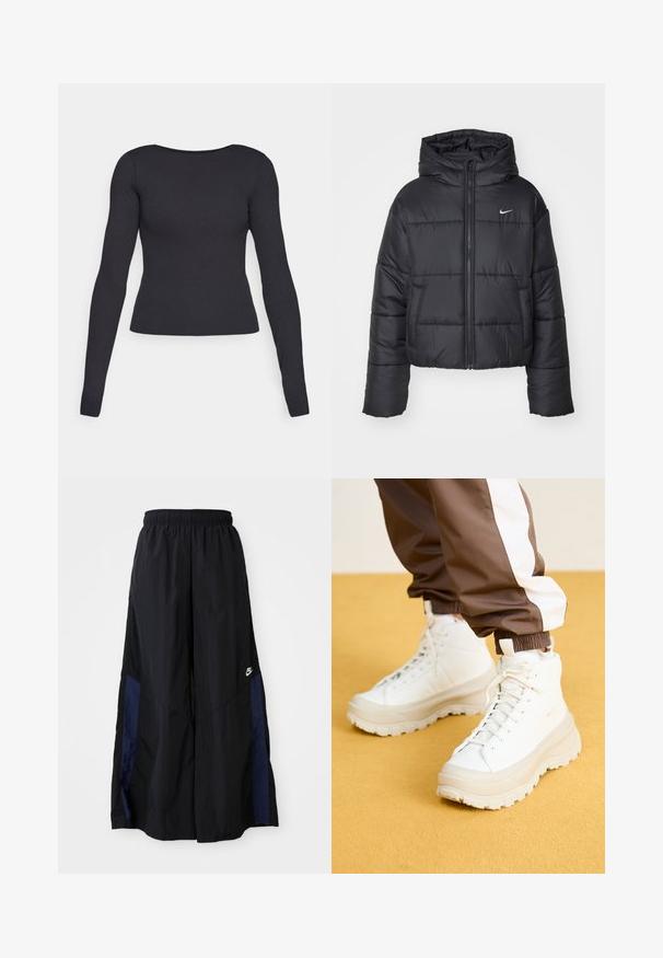 Must värvi puffer-jakk, mis on valmistatud nailonist, omab lukuga esiosa, kapuutsi ja kahte esimest taskut. Disain sisaldab õmmeldud sektsioone ja väikest logo.; Must mustriga lühikeste varrukatega top, millel on sobiv disain, ümmargune dekoltee ja sile tekstuur. Ei mingeid nähtavaid mustreid ega riistvara.; Mustad laiad mustad püksid kergest kangast, millel on tumesinine külgpaneel ja elastne vöökoht. Väike valge logo allservas.; Valged kõrged tossud koos raske, tekstureeritud tallaga, sujuva ülaosa, ümmarguse varbaga ja tonaalsete nööpidega, kollase tausta ees.