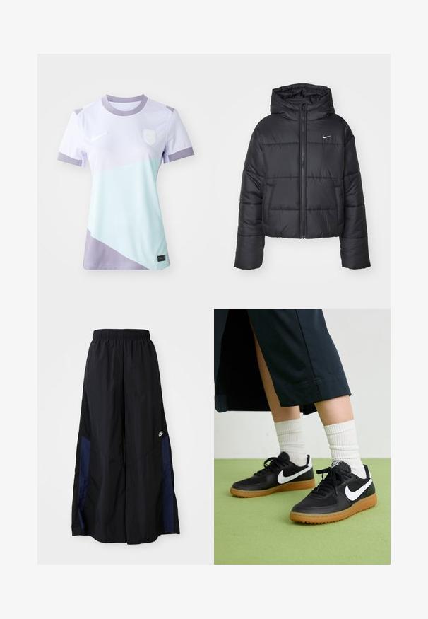 Čierna prešívaná bunda vyrobená z nylonu, s predným zipsom, kapucňou a dvoma prednými vreckami. Dizajn obsahuje prešité časti a malé logo.; Dres Nike s krátkymi rukávmi, svetlofialový a mentolovo zelený farby blokový design, okrúhly výstrih a vyšívané logo.; Čierne voľné nohavice vyrobené z ľahkého materiálu, s námorníckym modrým postranným panelom a elastickým pásom. Malé biele logo na spodnej časti.; Čierne kožené a syntetické tenisky so bielym logom Nike, gumenou podrážkou, okrúhlou špičkou a čiernymi šnúrkami. Viditeľné biele pruhované ponožky.