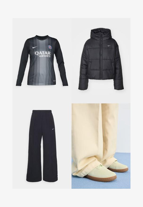 Črna pufasta jakna iz najlona, z zadrgo spredaj, kapuco in dvema sprednjima žepoma. Oblikovanje vključuje šivane dele in majhen logotip.; Nogavičar za nogomet z dolgimi rokavi v črni in sivi barvi s navpičnimi črtami, ki ima okrogel izrez, logotip Nike in blagovno znamko Qatar Airways.; Črne široke hlače s elastiko v pasu in malim belim logotipom Nike. Tkanina ima gladko teksturo, zasnovano za udobje in sproščeno nošenje.; Zelene suède superge z zaobljenimi prsti in teksturiranimi podplati, v kombinaciji s širokimi bež hlačami, na modri površini.