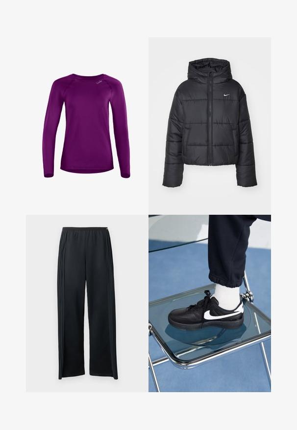 Sort pufferjakke lavet af nylon, med lynlåslukning foran, hætte og to forlommer. Designet inkluderer syede sektioner og et lille logo.; Langærmet skjorte i lilla, lavet af glat stof med rund halsudskæring og raglanærmer. Har et lille mærke-logo på forsiden.; Sorte atletikbukser lavet af blødt stof med vidben-design, elastisk talje og lodrette folder i siden.; Sorte Nike sneakers med hvide detaljer, der har en glat læderoverflade, snørebånd og rund tå, placeret på en glasstol.