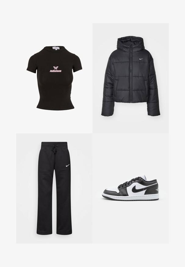 Crna puf jakna izrađena od najlona, s patentnim zatvaračem sprijeda, kapuljačom i dva prednja džepa. Dizajn uključuje šivene dijelove i mali logo.; Crni kratki crop top s kratkim rukavima, izrađen od rastezljivog materijala. Ima ružičasti "felicious" logo i grafiku leptira sprijeda.; Crne trenirke od mješavine pamuka, s elastičnim pojasom s vezicom, ravnim nogavicama i bijelim Nike logotipom na lijevoj strani.; Crno-bijele Nike niske tenisice imaju glatku kožnu gornjište, okrugli vrh, vezanje na vezice i uzorčeni gumeni potplat.