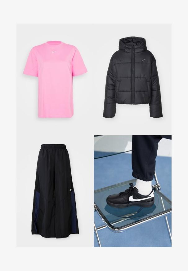 Jachetă puffer neagră din nailon, cu fermoar în față, glugă și două buzunare frontale. Designul include secțiuni cusute și un mic logo.; Tricou roz din bumbac cu decolteu rotund, mâneci scurte și un logo mic alb pe piept. Design simplu, croială dreaptă.; Pantaloni negri cu croi larg, confecționați dintr-un material ușor, având un panou lateral albastru marin și un brâu elastic. Logo mic alb în partea de jos.; Adidași negri Nike cu accente albe, cu o textură de piele netedă, design cu șireturi și vârf rotunjit, așezați pe un scaun din sticlă.