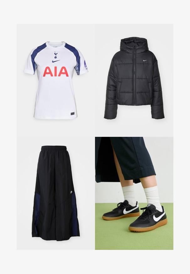 Black puffer jacket made of nylon, featuring a zip front, hood, and two front pockets. The design includes stitched sections and a small logo.; White short-sleeve football jersey with navy accents, featuring a round neck, large red "AIA" logo, and team crest on the chest.; Black wide-leg pants made of lightweight fabric, featuring a navy blue side panel and an elastic waistband. Small white logo on bottom.; Black leather and synthetic sneakers with white Nike swoosh, rubber gum sole, round toe, and black laces. Ribbed white socks visible.
