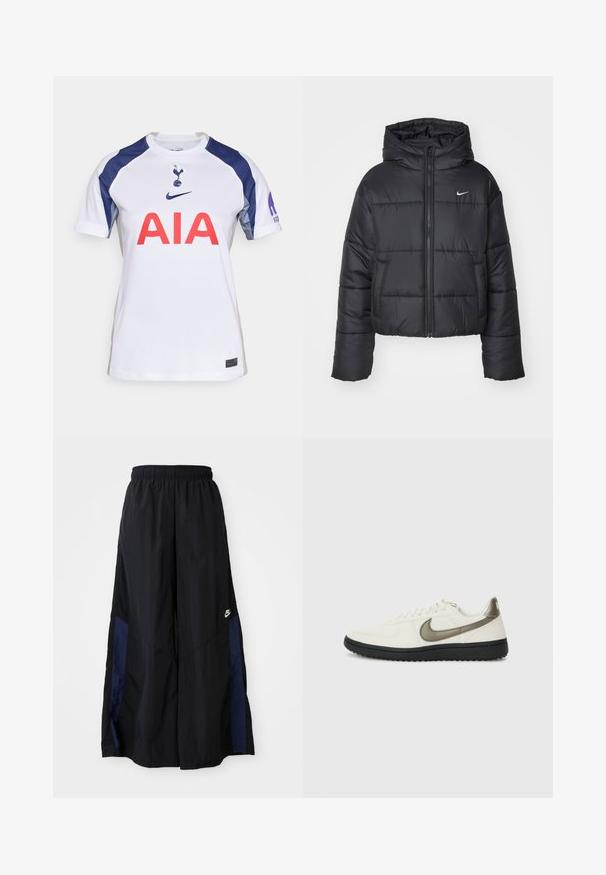 Svart boblejakke laget av nylon, med glidelås i front, hette og to frontlommer. Designet inkluderer sydd seksjoner og en liten logo.; Hvit fotballtrøye med korte ermer og marineblå aksenter, med rund hals, stor rød "AIA"-logo og lagmerke på brystet.; Svarte vide bukser laget av lett stoff, med et marineblått sidestykke og elastisk midjebånd. Liten hvit logo nederst.; Nike Sportswear FIELD GENERAL - Joggesko - off-white/black