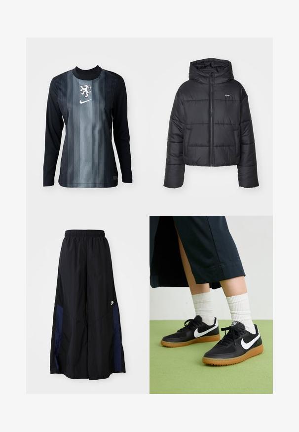 Jachetă puffer neagră din nailon, cu fermoar în față, glugă și două buzunare frontale. Designul include secțiuni cusute și un mic logo.; Cămașă cu mânecă lungă, de culoare neagră și gri, cu dungi verticale, având un emblema cu un leu și logo-ul Nike pe piept. Textură netedă, croială sport.; Pantaloni negri cu croi larg, confecționați dintr-un material ușor, având un panou lateral albastru marin și un brâu elastic. Logo mic alb în partea de jos.; Sneakers negre din piele și material sintetic cu logo-ul alb Nike, talpă din cauciuc, vârful rotund și șireturi negre. Șosete albe cu nervuri vizibile.