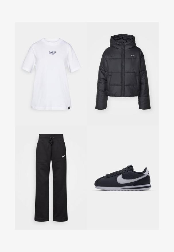 Sort pufferjakke lavet af nylon, med lynlåslukning foran, hætte og to forlommer. Designet inkluderer syede sektioner og et lille logo.; Hvid bomulds t-shirt med blå tekst "PARIS SAINT-GERMAIN" og Nike logo. Klassisk rund hals og korte ærmer, afslappet pasform.; Sorte sweatpants lavet af en bomuldsblanding, med en snøre i taljen, lige ben og et hvidt Nike-logo på venstre side.; Sort atletisk sko med grå accenter, glat syntetisk overdel, tekstureret sål, afrundet tå og flade snørebånd. Klassisk design med logodetalje.