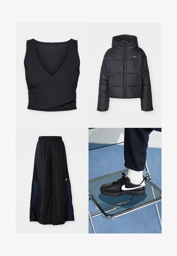 Černá péřová bunda vyrobená z nylonu, s předním zipem, kapucí a dvěma předními kapsami. Design zahrnuje prošívané části a malé logo.; Černý top bez rukávů s výstřihem do V, vyrobený z žebrované tkaniny. Má přiléhavý střih a malé logo v horním levém rohu.; Černé kalhoty širokého střihu vyrobené z lehkého materiálu, s námořnickou modrou bočním panelem a elastickým pasem. Malé bílé logo na spodní části.; Černé tenisky Nike s bílými akcenty, s hladkou koženou texturou, šněrovacím designem a zaoblenou špičkou, umístěné na skleněné židli.