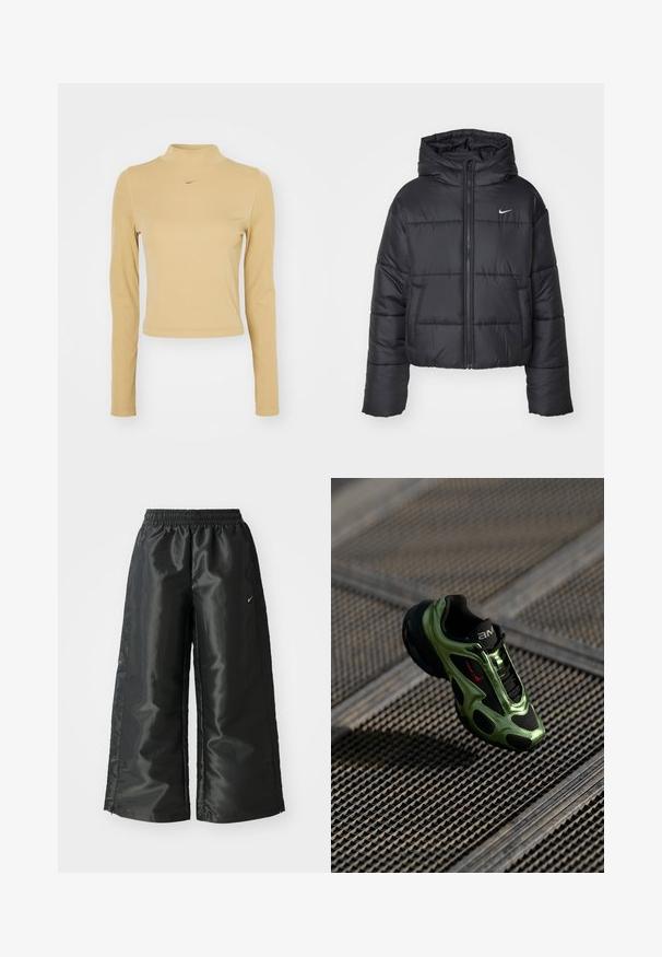 Melnā pūkainā jaka, kas izgatavota no neilona, ar rāvējslēdzēja priekšpusi, kapuci un divām priekšējām kabatām. Dizainā ietilpst šuvju sekcijas un mazs logotips.; Gara piedurkne, ribota turtlenecka gaišā bežā krāsā ar šauru piegriezumu. Iezīmēta ar mazu zelta Nike logotipu uz krūtīm. Gluda tekstūra.; Melnas sporta bikses ar spīdīgu, gludu audumu, aprīkotas ar elastīgu jostu, platām kājām un mazu logotipu kreisajā pusē.; Nike Air Max sneakers ir ar elegantisku melnu un zaļu dizainu, elpojošu acs un gumijas materiālu, un izteiktu siluetu ar teksturētām akcentiem.