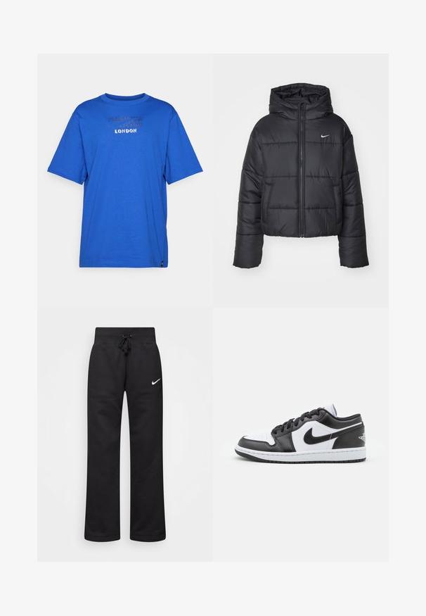 Svart boblejakke laget av nylon, med glidelås i front, hette og to frontlommer. Designet inkluderer sydd seksjoner og en liten logo.; Blå bomull T-skjorte med rund hals, korte ermer, og en strukturert trykk med "LONDON" på forsiden. Ingen mønstre eller aksenter.; Sorte joggebukser laget av en bomullsblanding, med strikk i midjen, rette ben, og en hvit Nike-logo på venstre side.; Sorte og hvite Nike lave sneakers har en glatt læroverdel, rund tå, snøring og en mønstret gummisåle.