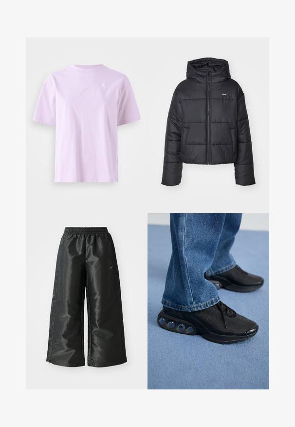 Must värvi puffer-jakk, mis on valmistatud nailonist, omab lukuga esiosa, kapuutsi ja kahte esimest taskut. Disain sisaldab õmmeldud sektsioone ja väikest logo.; Lilla puuvillane T-särk lühikeste varrukatega, ümmarguse kaelusega ja väike valge logo vasakul rinnal. Sile tekstuur ja mugav lõige.; Mustad mustad sportsipüksid läikiva, siledaga kangaga, pa elastse vöökoha, laia sääre ja väikese logoga vasakul küljel.; Mustad mustandid jooksujalatsid, millel on võrkmaterjalist ülemine osa, tekstuuriga detailid ja nähtavad õhkpadjad tallas. Kandmine siniste teksadega.