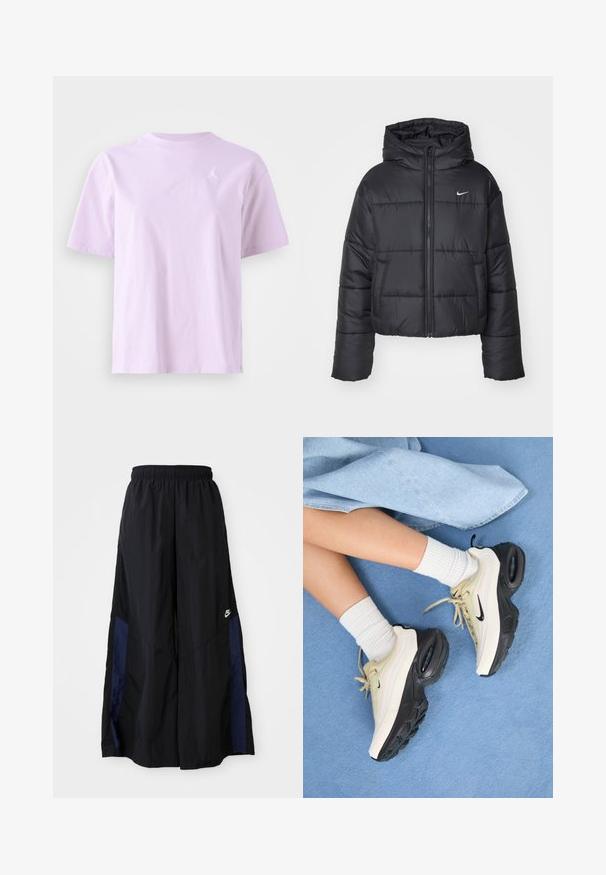 Zwarte pufferjack van nylon, met een rits aan de voorkant, een capuchon en twee vo pockets. Het ontwerp heeft gestikte secties en een klein logo.; Lavendel katoenen t-shirt met korte mouwen, ronde hals en een klein wit logo op de linker borst. Soepele textuur en een ontspannen pasvorm.; Zwarte wijdlopende broek van lichtgewicht stof, met een marineblauwe zijpaneel en een elastische tailleband. Klein wit logo onderaan.; Nike Air Max sneakers hebben een beige en zwart ontwerp, met een gladde bovenkant, zichtbare luchtkussens en platte rubberen zolen.