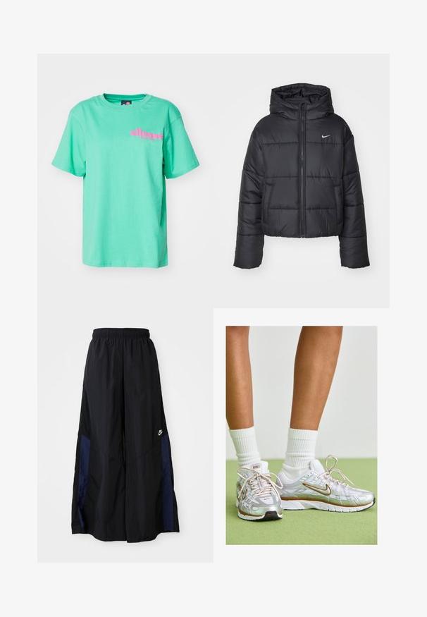 Svart boblejakke laget av nylon, med glidelås i front, hette og to frontlommer. Designet inkluderer sydd seksjoner og en liten logo.; Ellesse CAMPOFELICE - T-shirts med print - green; Svarte vide bukser laget av lett stoff, med et marineblått sidestykke og elastisk midjebånd. Liten hvit logo nederst.; Sølvsportssko med hvite og gullfarger, som har et mesh-overdel, gummisåle og en reflekterende finish. Sokker synlige over ankelen.