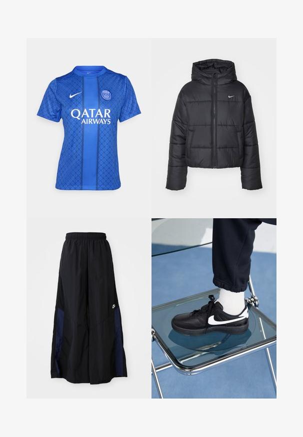 Svart puffjacka i nylon, med dragkedja fram, huva och två framfickor. Designen inkluderar stickade sektioner och en liten logotyp.; Blå fotbollsjacka med geometriskt mönster, rund halsringning, korta ärmar och varumärken från Nike och Qatar Airways.; Svarta vida byxor gjorda av lättviktig tyg, med en marinblå sid panel och ett elastiskt midjeband. Litet vitt logotyp nertill.; Svarta Nike-sneakers med vita detaljer, med en slät läderstruktur, snörningsdesign och rund tå, placerade på en glasstol.