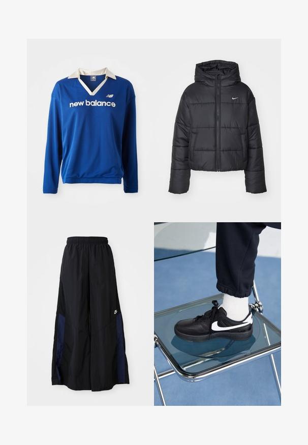 Black puffer jacket made of nylon, featuring a zip front, hood, and two front pockets. The design includes stitched sections and a small logo.; Blue long-sleeve athletic top featuring a white collar, mesh texture, and "new balance" logo in white across the chest.; Black wide-leg pants made of lightweight fabric, featuring a navy blue side panel and an elastic waistband. Small white logo on bottom.; Black Nike sneakers with white accents, featuring a smooth leather texture, lace-up design, and rounded toe, positioned on a glass chair.