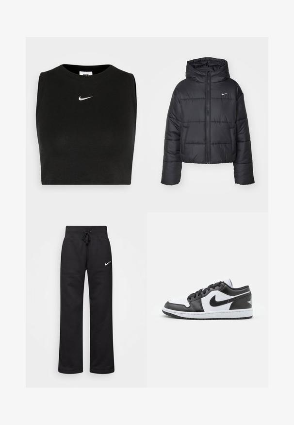 Casaco puffer preto feito de nylon, com fecho éclair à frente, capuz e dois bolsos frontais. O design inclui secções cosidas e um pequeno logo.; Top cropped preto sem mangas, feito de material canelado, com um decote redondo e um pequeno logo branco da Nike no peito.; Calças de moletão pretas feitas de uma mistura de algodão, com um cós elástico ajustável, pernas retas e um logo da Nike branco no lado esquerdo.; As sapatilhas Nike de cano baixo, em preto e branco, apresentam um cabedal em couro liso, bico redondo, fecho com atacadores e uma sola de borracha com padrão.