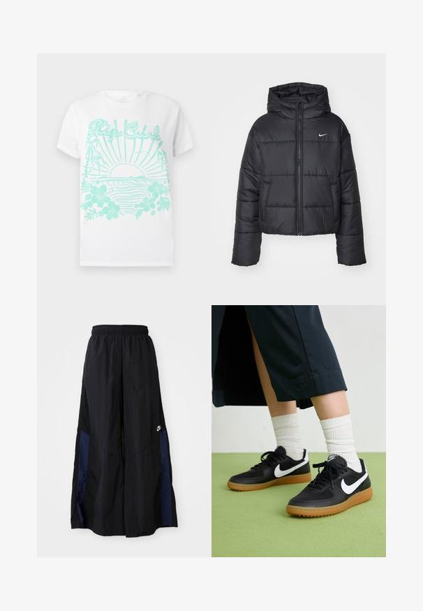 Veste matelassée noire en nylon, avec fermeture éclair sur le devant, capuche et deux poches avant. Le design comprend des sections cousues et un petit logo.; T-shirt blanche à manches courtes avec impression turquoise d'un soleil se couchant sur des vagues océaniques, des palmiers, des fleurs d'hibiscus et le texte "Rip Curl".; Pantalons larges noirs en tissu léger, avec un panneau latéral bleu marine et une taille élastique. Petit logo blanc en bas.; Baskets noires en cuir et synthétique avec le swoosh blanc de Nike, semelle en caoutchouc, bout rond et lacets noirs. Chaussettes blanches côtelées visibles.