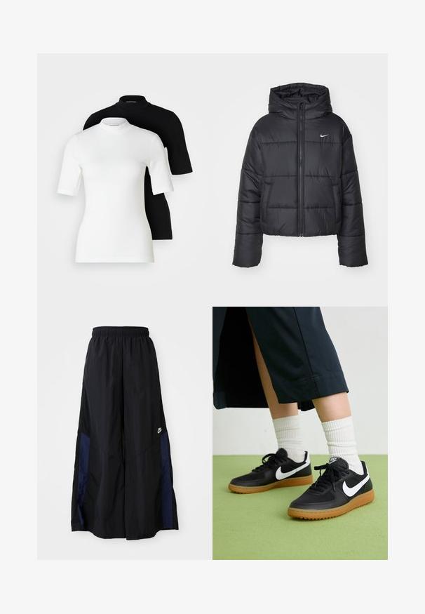 Sort pufferjakke lavet af nylon, med lynlåslukning foran, hætte og to forlommer. Designet inkluderer syede sektioner og et lille logo.; To korteærmede turtleneck toppe: en hvid og en sort. Begge lavet af glat, strækbart stof med tætsiddende silhuetter og rund hals.; Sorte vide benbukser lavet af letvægtsstof, med et marineblåt sidepanel og en elastisk talje. Lille hvidt logo nederst.; Sorte læder- og syntetiske sneakers med hvid Nike swoosh, gummisål, rund tå og sorte snørebånd. Ribbede hvide sokker synlige.