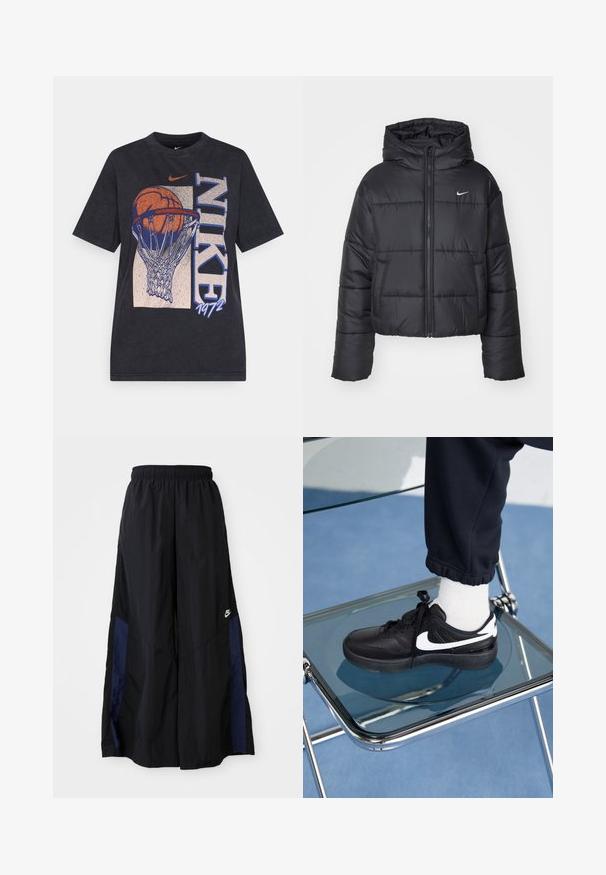 Black puffer jacket made of nylon, featuring a zip front, hood, and two front pockets. The design includes stitched sections and a small logo.; Black cotton t-shirt featuring a graphic of a basketball in a hoop, with "NIKE" and "1972" text. Short sleeves and crew neck design.; Black wide-leg pants made of lightweight fabric, featuring a navy blue side panel and an elastic waistband. Small white logo on bottom.; Black Nike sneakers with white accents, featuring a smooth leather texture, lace-up design, and rounded toe, positioned on a glass chair.
