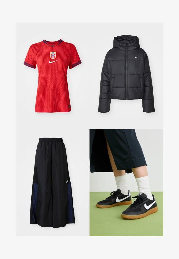 Melnā pūkainā jaka, kas izgatavota no neilona, ar rāvējslēdzēja priekšpusi, kapuci un divām priekšējām kabatām. Dizainā ietilpst šuvju sekcijas un mazs logotips.; Sarkans Nike krekls ar teksturētām svītrām, apļa kakla izgriezums, zilas akcenti uz piedurknēm un Norvēģijas izlases emblēma uz krūšu.; Melni plata kāju bikses no viegla auduma, ar tumši zilu sānu paneli un elastīgu jostu. Mazs balts logotips apakšā.; Melna āda un sintētiska materiāla sporta apavi ar baltu Nike logo, gumijas zole, apaļa purngala forma un melni šņores. Redzamas ribotas baltas zeķes.