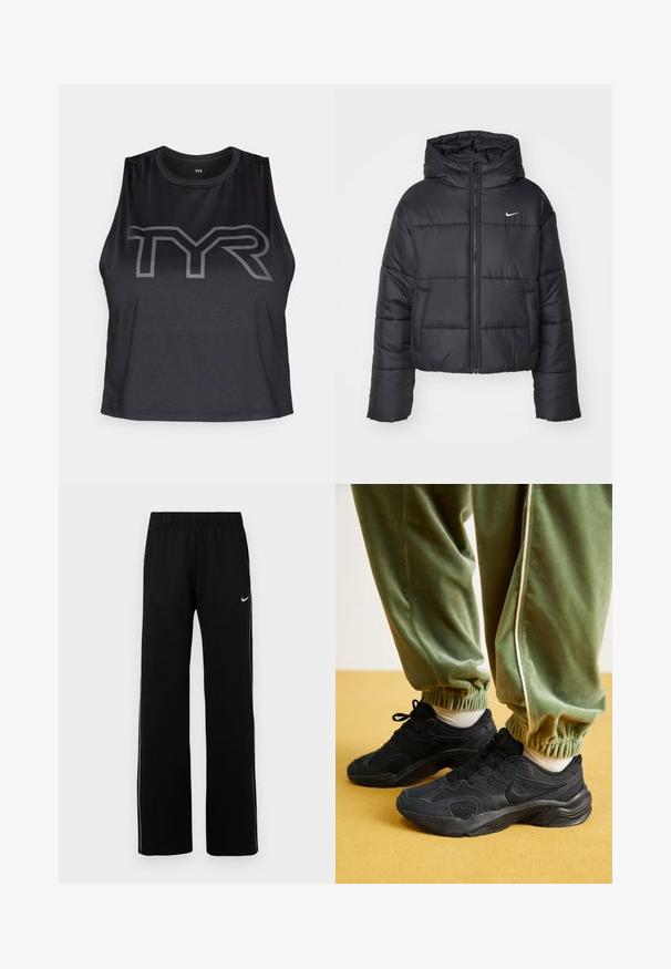 Zwarte pufferjack van nylon, met een rits aan de voorkant, een capuchon en twee vo pockets. Het ontwerp heeft gestikte secties en een klein logo.; Zwart mouwloos sporttop gemaakt van gaasmateriaal, met een opvallend grijs TYR-logo aan de voorkant. Ronde halslijn en een relaxed fit.; Zwarte sportbroek met een brede broekspijpenontwerp, elastische tailleband, zijzakken en witte contrasterende zijkanten; Nike-logo op de bovenste linkerkant.; Zwarte sport sneakers met gaas en synthetische overlays, een gestructureerde zool, gecombineerd met groene jogginbroeken met elastische boorden, op een gele ondergrond.