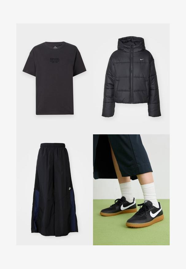 Zwarte pufferjack van nylon, met een rits aan de voorkant, een capuchon en twee vo pockets. Het ontwerp heeft gestikte secties en een klein logo.; Zwarte katoenen T-shirt met een ronde hals, korte mouwen en een subtiel, reliëf 'Ripcurl Surfing Company' logo op de borst.; Zwarte wijdlopende broek van lichtgewicht stof, met een marineblauwe zijpaneel en een elastische tailleband. Klein wit logo onderaan.; Zwarte leren en synthetische sneakers met witte Nike swoosh, rubberen gumzool, ronde neus en zwarte veters. Geribbelde witte sokken zichtbaar.