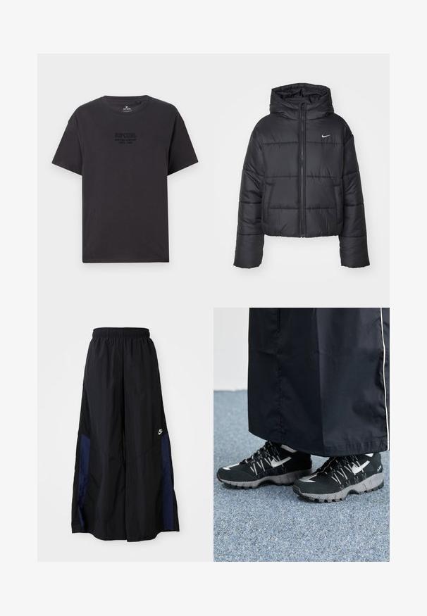 Čierna prešívaná bunda vyrobená z nylonu, s predným zipsom, kapucňou a dvoma prednými vreckami. Dizajn obsahuje prešité časti a malé logo.; Čierne bavlnené tričko s okrúhlym výstrihom, krátkymi rukávmi a jemne vyrazeným logom "Ripcurl Surfing Company" na hrudi.; Čierne voľné nohavice vyrobené z ľahkého materiálu, s námorníckym modrým postranným panelom a elastickým pásom. Malé biele logo na spodnej časti.; Čierne športové topánky s textúrovaným vrchom, striebornými akcentmi a vzorovanou podrážkou, skombinované s čiernym dlhým odevom. Umiestené na modrom koberci.