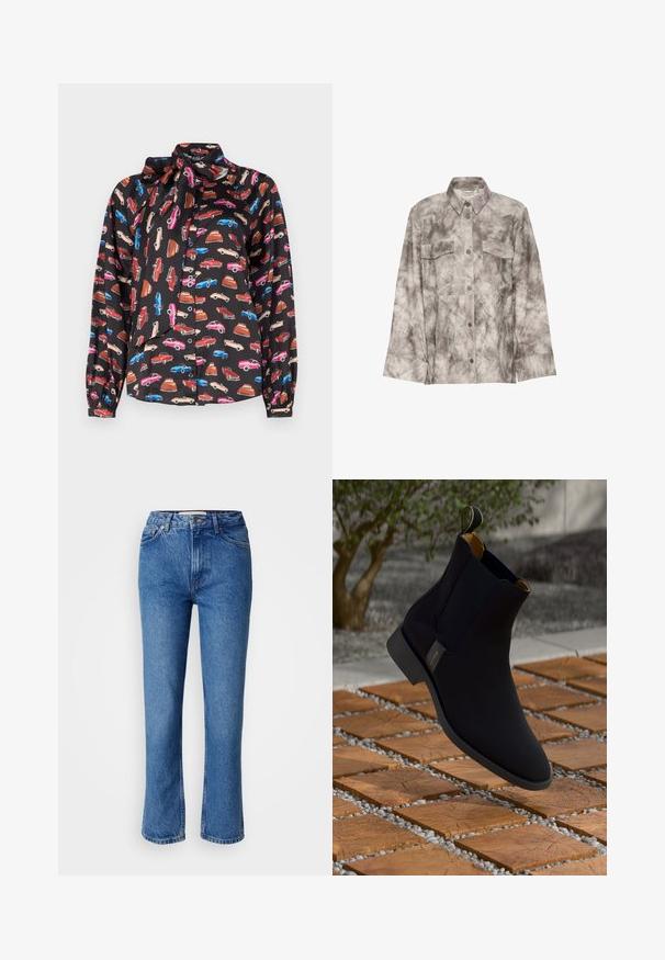 Pelēks un krēms krekls-jaka mīkstā, teksturētā materiālā ar marmora rakstu, divām krūšu kabatām un pogājamu priekšpusi.; Melna blūze ar garām piedurknēm, kas rotāta ar atkārtotu krāsainu automašīnu rakstu. Mīksts materiāls ar lentu detalizējumu pie apkakles un pogu aizdari.; Zilā džinsā ar taisnu kāju griezumu, ar klasisku piecu kabatu dizainu, oranžiem šuvumiem un pogu aizdari.; Melnas ādas potītes zābaki ar gludu apdari, dzeltenu iekšējo odere un rokturīti; kā fons ir teksturēta koka un grants virsma.