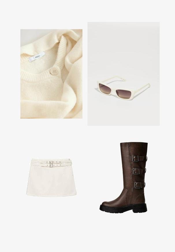 Hnědá semišová bunda s vykrojeným límcem, zapínáním na jeden knoflík a hladkou podšívkou. Obsahuje pět knoflíkových detailů na přední straně.; Krémový pletený svetr s kulatým výstřihem, zdobený žebrovanými detaily a zapínáním na knoflík. Štítek uvádí "NEXT." Měkká, strukturální tkanina.; Bílý krajkový šátek s asymetrickým designem, se strukturovaným vzorem, měkkou tkaninou a splývavým drapérím na jedné straně.; Bílé denimové mini sukně s dvojitým opaskem v pase, s kovovými prvky a plochou, hladkou strukturou. Jednoduchý, ležérní design.; Hnědá kožená vysoká bota po kolena se třemi kovovými sponami, texturovaným povrchem, zaoblenou špičkou a robustní podrážkou pro stabilitu.; Bílé sluneční brýle s obdélníkovým rámem a hnědými gradientovými čočkami. Mají hladký plastový povrch a logo na straně nožičky.