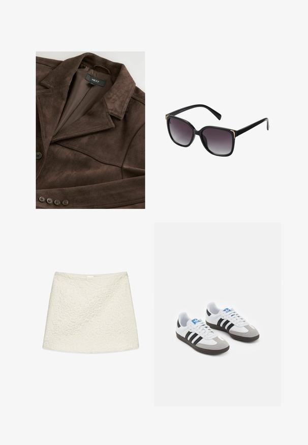 Veste en daim marron avec un col à revers, fermeture à un bouton et doublure lisse. Comprend cinq accents de boutons sur le devant.; Chemise rose pâle à manches longues avec des rayures verticales blanches et une cravate assortie. Texture lisse, col boutonné et manches à pois.; Jupe blanche avec un motif floral texturé, présentant une coupe droite et un tissu lisse. Pas de matériel ou d'accents visibles.; Baskets avec une tige en cuir blanc, un bout en daim gris et trois bandes noires. Présente un logo bleu sur la languette et une semelle en caoutchouc texturée.; Lunettes de soleil noires avec des verres gris dégradés, monture carrée surdimensionnée avec des détails dorés aux coins, et branches noires élégantes.; Sac à main en olive tissé de forme arrondie avec une poignée torsadée. La surface texturée présente un motif diagonal. Fermeture zippée.