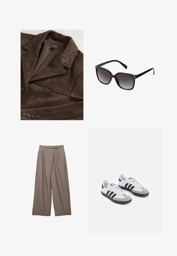 Smeđa suknjena jakna s izrezanom kragnom, zatvaranjem na jedan gumb i glatkom unutarnjom podstavom. Ima pet gumba kao ukrase duž prednje strane.; Svijetloljubičasta košulja dugih rukava s bijelim vertikalnim prugama i odgovarajućom kravatom. Glatka tekstura, ovratnik na dugme i rukavi s manžetama.; Hlače širokih nogavica od svijetlosmeđeg materijala, s nabranim pojasom i glatkom teksturom. Dizajn s bočnim džepovima za praktičnost.; Sportske cipele s gornjištem od bijele kože, sivi suedinasti nos i tri crne pruge. Imaju plavi logo na jeziku i teksturiranu gumenu podlogu.; Crne sunčane naočale s gradijentnim sivim staklima, preveliki kvadratni okviri s zlatnim detaljima na uglovima i elegantne crne nosive strane.; Tkana torbica maslinaste boje za ruke s zaobljenim oblikom i uvrnutom ručkom. Teksturirana površina s dijagonalnim uzorkom. Zatvaranje na patentni zatvarač.