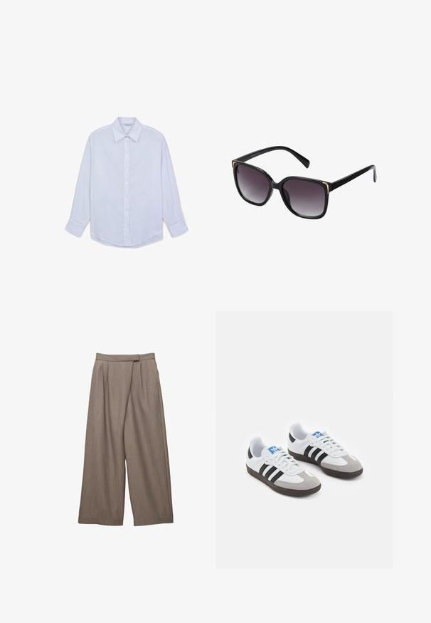 Braune Wildlederjacke mit Reverskragen, Ein-Knopf-Verschluss und glatter Innenauskleidung. Verfügt über fünf Knopfakzente entlang der Vorderseite.; Weißes Hemd mit Knöpfen aus leichtem Stoff, das einen klassischen Kragen, lange Ärmel und einen abgerundeten Saum aufweist. Knöpfe entlang der Vorderseite.; Weite Hosen aus einem hellbraunen Stoff, mit Falten an der Taille und einer glatten Textur. Mit Seitentaschen für Praktikabilität gestaltet.; Sportschuhe mit einem Obermaterial aus weißem Leder, grauer Wildleder-Zehenkappe und drei schwarzen Streifen. Sie verfügen über ein blaues Logo auf der Zunge und eine strukturierte Gummisohle.; Schwarze Sonnenbrille mit grauen Verlaufslinsen, übergroße quadratische Fassung mit goldenen Akzentdetails an den Ecken und schlanken schwarzen Bügeln.; Geflochtene olivgrüne Handtasche mit runder Form und gedrehter Tragegriff. Strukturiert Oberfläche mit diagonaler Musterung. Reißverschlussverschluss.