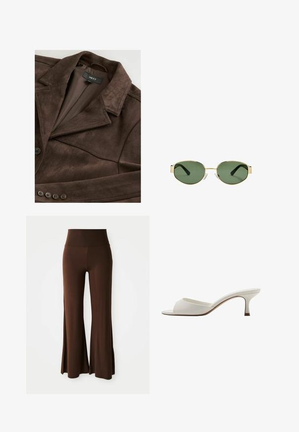 Hnedá semišová bunda s klopovým golierom, jedným gombíkom na zapínanie a hladkým vnútorným podšívkou. Má päť gombíkových akcentov po celej prednej strane.; Biely bavlnený top bez rukávov s okrúhlym výstrihom a priliehavým strihom. Hladká textúra, jednoduchý dizajn a minimálne švy.; Vysoké nohavice s voľným strihom a širokými nohavicami v hnedej farbe s hladkou textúrou, navrhnuté pre pohodlné nosenie.; Biele sandále na vysokom podpätku otvorené na špičke s hladkým povrchom, minimalistickým dizajnom a štíhlym podpätkom, s jemným hnedým akcentom na podrážke.; Slnko zlatohnedých kovových rámových okuliarov s zelenými tónovanými sklami, oválnym tvarom, čiernymi stranami a priehľadnými nosnými podložkami. Čistý, minimalistický dizajn.; Hnedá kožená kabelka s dvojitými uchami, zlatými kovovými akcentmi a pevnou konštrukciou. Obsahuje centrálne klapku s detailom vo forme slučky.