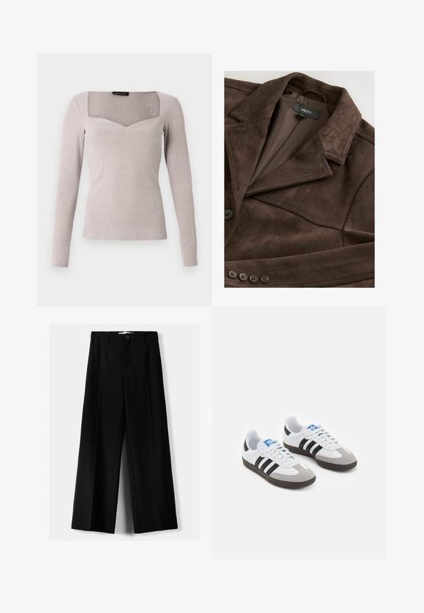 Brązowa zamszowa kurtka z klapami, z zapięciem na pojedynczy guzik i gładką podszewką. Posiada pięć guzików ozdobnych z przodu.; Bluzka z długim rękawem z jasnoszarego prążkowanego materiału, z kwadratowym dekoltem o kształcie litery V z przodu, dopasowanym krojem i gładką fakturą.; Czarne spodnie szerokie, wykonane z lekkiego materiału, z zapięciem na guzik z przodu i gładkim przodem, z starannie wykończonymi brzegami.; Buty sportowe z białą skórzaną cholewką, szarym zamszowym noskiem i trzema czarnymi paskami. Posiadają niebieskie logo na języku oraz teksturowaną gumową podeszwę.