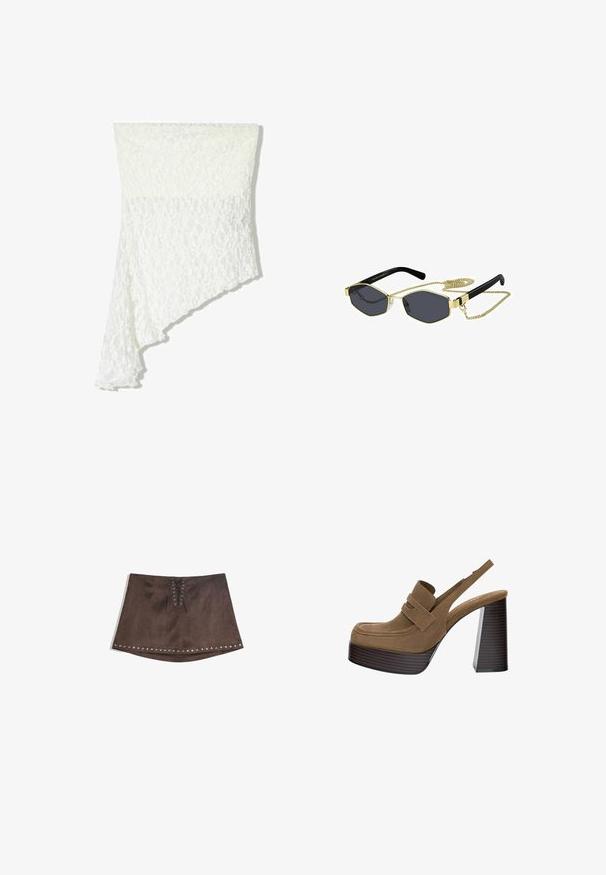 Bruine suède jas met een gekarteld kraag, enkele knoopsluiting en een gladde binnenvoering. Beschikt over vijf knoopaccenten aan de voorkant.; Witte kanten sjaal met een asymmetrisch ontwerp, voorzien van een gestructureerd patroon, zacht materiaal en een vloeiende drape aan één zijde.; Bruine faux suede mini rok met een front lace-up detail en zilveren studs langs de zoom. Glad oppervlak, A-lijn vorm en korte lengte.; Bruine suède platform hakken met een dikke, geribbelde blokhak en een brede band over de bovenkant, met een ronde neus.; Octagonale zonnebril met donkere lenzen, gouden metalen accenten en zwarte plastic armen; inclusief een afneembare gouden ketting.