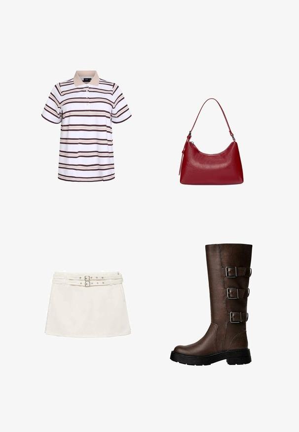 Brązowa zamszowa kurtka z klapami, z zapięciem na pojedynczy guzik i gładką podszewką. Posiada pięć guzików ozdobnych z przodu.; Koszulka polo z krótkim rękawem, wykonana z białego materiału w poziome brązowe i beżowe paski. Kołnierzyk z trzema guzikami.; Biała dżinsowa mini spódniczka z podwójnym paskiem w talii, z metalowymi detalami w kolorze srebra oraz gładką, płaską fakturą. Prosty, casualowy design.; Brązowy skórzany wysokich but na kolano z trzema metalowymi klamrami, teksturowana powierzchnia, okrągły czubek i masywna podeszwa dla stabilności.; Czerwona skórzana torebka na ramię o zakrzywionym kształcie, gładkiej fakturze i zamek błyskawiczny. Posiada cienką rączkę do noszenia.; Stradivarius SET ciemnobrązowy